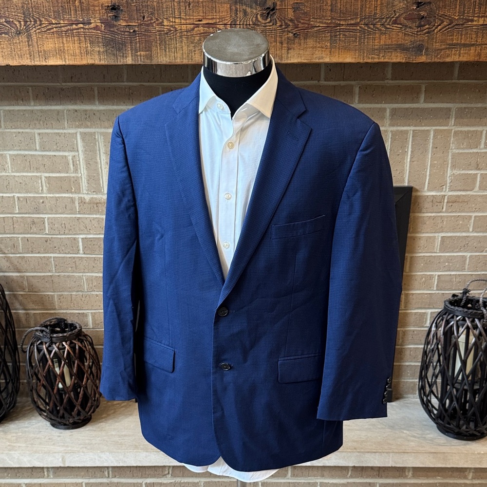 Jos. A. Bank mens 44R blue micro check traveller 100% wool tailored suit jacket